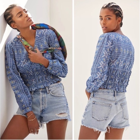 Anthropologie Forever That Girl Embroidered Smocked Blouse Boho V Neck‎ - Picture 1 of 15